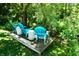 Secluded backyard retreat with two Adirondack chairs on a wooden platform, bordering a tranquil creek at 6422 Hollingsworth Dr, Indianapolis, IN 46268
