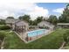 An aerial view displays a backyard featuring a refreshing pool, gazebo, a shed, and lush greenery at 6649 Madison Ave, Indianapolis, IN 46227