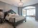 Spacious main bedroom showcasing a dark wood bed frame, elegant lighting, and an archway to a separate office area at 692 Greenford N Trl, Carmel, IN 46032
