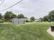 Spacious backyard featuring a well-maintained lawn, storage shed, and lush greenery at 784 S Restin Rd, Greenwood, IN 46142