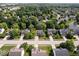 An aerial view showcases a neighborhood's well-maintained homes, lush greenery, and a tranquil pond at 8827 Lindsey Ct, Fishers, IN 46038