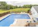 View of an in-ground swimming pool and backyard with plenty of green grass and trees at 1595 N 400 W, Greenfield, IN 46140