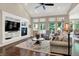 Bright living room featuring a fireplace, built-in shelving, and views of the backyard at 1631 Caspian Dr, Carmel, IN 46032