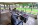 Relaxing screened-in porch featuring a fire pit and comfortable seating overlooking the backyard at 336 N Windsong Ln, Greenwood, IN 46142