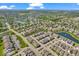 Expansive aerial view of a residential neighborhood featuring tree-lined streets, community ponds, and well-maintained landscaping at 3546 Brampton Ln, Westfield, IN 46074