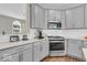 Kitchen with updated grey cabinetry, stainless steel appliances, quartz countertops and an undermount sink at 3546 Brampton Ln, Westfield, IN 46074