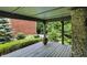 Relaxing outdoor porch featuring stone accents, wooden decking, and a view of a lush yard at 380 Raintree Dr, Zionsville, IN 46077