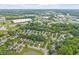 Aerial view of a residential neighborhood surrounded by lush trees and nearby commercial buildings. Serene community living at 3843 Grove Tree Ln, Indianapolis, IN 46203
