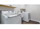 Bright laundry room with modern washer and dryer and upper cabinets offers convenience at 216 Haywood Rd, Greenwood, IN 46142
