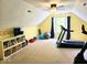 Bright bonus room with vaulted ceiling, carpet, and home gym equipment at 8394 Glen Highlands Dr, Indianapolis, IN 46236