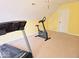 Carpeted bonus room features fitness equipment, including an elliptical and treadmill, plus a ceiling fan at 8394 Glen Highlands Dr, Indianapolis, IN 46236