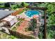 Backyard aerial view with a beautiful in-ground pool, garden area, covered patio, and privacy fence at 1340 Eustis Dr, Indianapolis, IN 46229