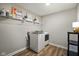 Laundry room featuring a front load washer and dryer, laminate floors, and storage shelf at 15813 Arthur Jacob Ln, Noblesville, IN 46060