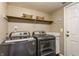 Functional laundry room with modern washer, dryer, and storage shelf at 19469 Amber Way, Noblesville, IN 46060