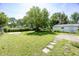 A spacious backyard featuring mature trees and a detached garage, perfect for outdoor activities and storage at 1217 S Ewing St, Indianapolis, IN 46203