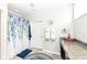 Bathroom featuring a shower, cabinets, and decorative blue rug at 13427 Merryvale St, Fishers, IN 46037