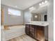 Bathroom with a large tub, double vanity, and vinyl wood-look flooring at 14620 Hinton Dr, Fishers, IN 46037