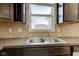 Kitchen countertop and sink with dark cabinets, backsplash, and a view to the backyard at 14620 Hinton Dr, Fishers, IN 46037