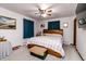 Bedroom with a large bed, ceiling fan, blue curtains and a table with a dog bowl at 218 Narcissus Dr, Indianapolis, IN 46227