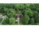 Aerial view of a ranch style home surrounded by mature trees, features a long private driveway at 3711 Tara Ct, Carmel, IN 46074