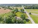 Aerial view displays property featuring wooded areas, a nearby house, and convenient train track access at 4305 Five Points Rd, Indianapolis, IN 46239