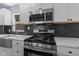 Close-up showcasing stainless steel appliances, custom cabinets and backsplash in the bright kitchen at 4305 Five Points Rd, Indianapolis, IN 46239