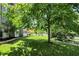 Lush backyard featuring mature trees, manicured lawn, and a glimpse of the patio seating area at 6298 Briargate Dr, Zionsville, IN 46077