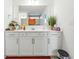 Bathroom featuring white cabinetry, large mirror, quartz countertop, and decorative accents at 7301 Deerberg Dr, Indianapolis, IN 46259