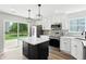 Modern kitchen featuring white cabinets, black island, stainless steel appliances, and backyard access at 8835 Harrison Pkwy, Fishers, IN 46038