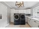 Laundry room with side-by-side dark-grey washer and dryer and white cabinets at 1805 Wood Valley Dr, Carmel, IN 46032