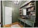 Stylish powder room showcases bold green walls, custom vanity, and a unique copper sink, adding character and charm at 1805 Wood Valley Dr, Carmel, IN 46032