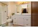 Bathroom with glass shower, white vanity and neutral decor at 40 S Restin Rd, Greenwood, IN 46142