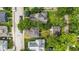 Overhead aerial view of neighborhood homes featuring tree-lined streets and residential properties at 405 Harlan St, Indianapolis, IN 46201