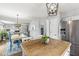 Open-concept kitchen features a butcher block island, stainless steel appliances, and views of the dining and living areas at 5299 Breakers Way, Carmel, IN 46033