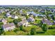 Aerial view of a backyard with an entertainment area, in a neighborhood with a pond at 8557 Vyners Ln, Avon, IN 46123