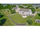 Aerial view showing a fenced backyard with a patio and fire pit, set in a suburban landscape at 8557 Vyners Ln, Avon, IN 46123