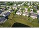 Aerial view of a suburban neighborhood with neatly manicured lawns, backyard play set, and a pond at 12847 Arvada Pl, Fishers, IN 46038