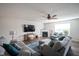 Comfortable living room with a ceiling fan, a fireplace, and a plush sofa with throw pillows at 12847 Arvada Pl, Fishers, IN 46038