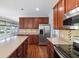 Kitchen with stainless steel refrigerator, matching appliances, tile backsplash, and island at 12997 Bartlett Dr, Fishers, IN 46037