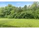 Large, grassy backyard bordered by mature trees and bushes provides privacy at 1338 Delacorte Cir, Shelbyville, IN 46176