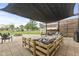 Spacious outdoor patio with comfortable seating, a fire pit, and a stylish shade structure at 2303 Alexandria Dr, Greenfield, IN 46140