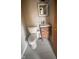 A half bath featuring modern farmhouse vanity, updated fixtures, toilet, and wood-look tile at 336 Brookside Ln, Plainfield, IN 46168
