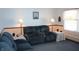 Comfortable living room with blue sofas, lamps, and large window for natural light at 6052 N Deckshire Ln, Shirley, IN 47384