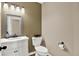 This half-bathroom features updated fixtures and a designer mirror above the vanity at 9690 Irishmans Run Ln, Zionsville, IN 46077
