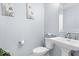 Well-lit bathroom features blue walls, floral wall decor, and pedestal sink at 1119 Albemarle Cir, Noblesville, IN 46062