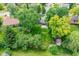 Overhead view highlighting a house with a lush, green backyard and a fire pit area amidst mature trees at 12020 Colbarn Dr, Fishers, IN 46038