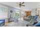 Spacious living room with ample natural light, ceiling fan, and view of the backyard through a sliding glass door at 1260 Easton Point Dr, Greenwood, IN 46142