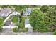 Aerial view of a charming property with a detached garage, green lawn, and mature trees nearby at 5209 E North St, Indianapolis, IN 46219