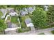 Aerial view of a well-maintained property with detached garage, green lawn, and mature trees at 5209 E North St, Indianapolis, IN 46219
