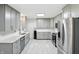 Modern kitchen with gray cabinets, stainless steel appliances, and pristine counter space at 8219 Bishops Ln, Indianapolis, IN 46217